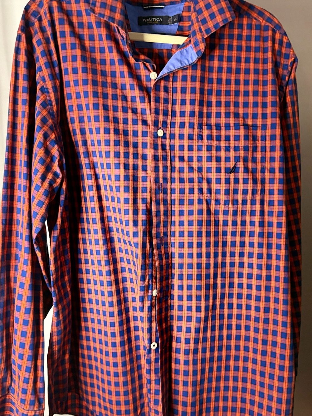 Nautica Orange and Blue Checked Long-Sleeve Dress Shirt